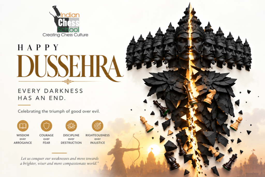 Indian Chess School Dussehra greeting depicting Ravana, golden light and chess pieces, symbolising the triumph of wisdom over arrogance.