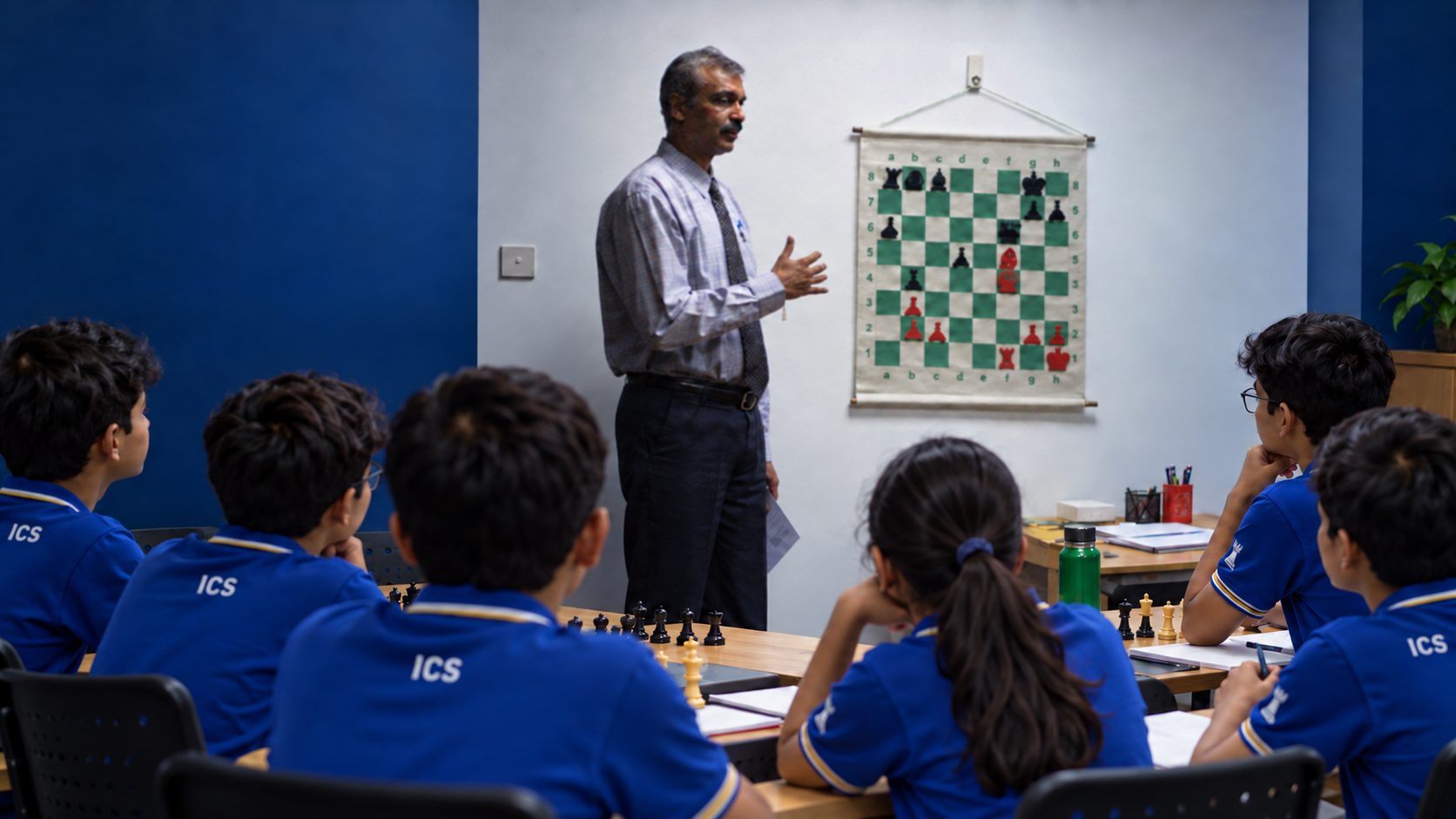 Praful Zaveri teaching students at the Indian Chess School classroom in Borivali
